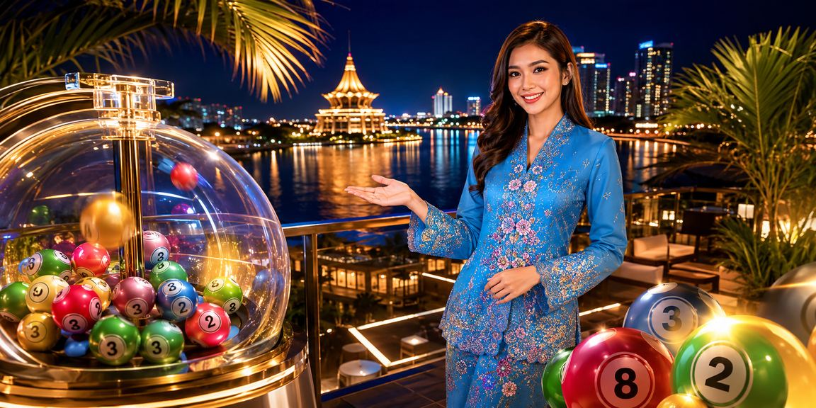 Pemenang loteri Malaysia bergaya baju kurung memegang tiket undian di Kuching